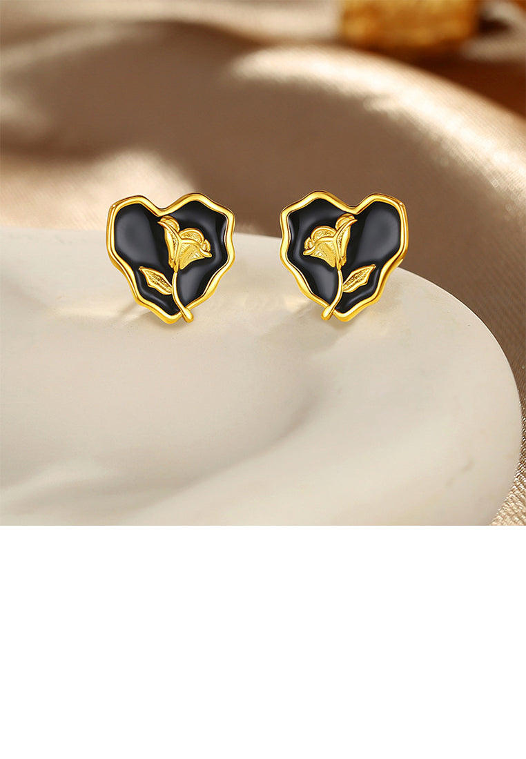 925 Sterling Silver Plated Gold Fashion and Elegant Rose Enamel Heart-shaped Stud Earrings