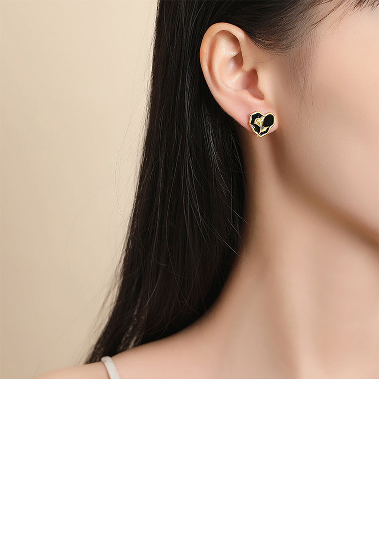 925 Sterling Silver Plated Gold Fashion and Elegant Rose Enamel Heart-shaped Stud Earrings