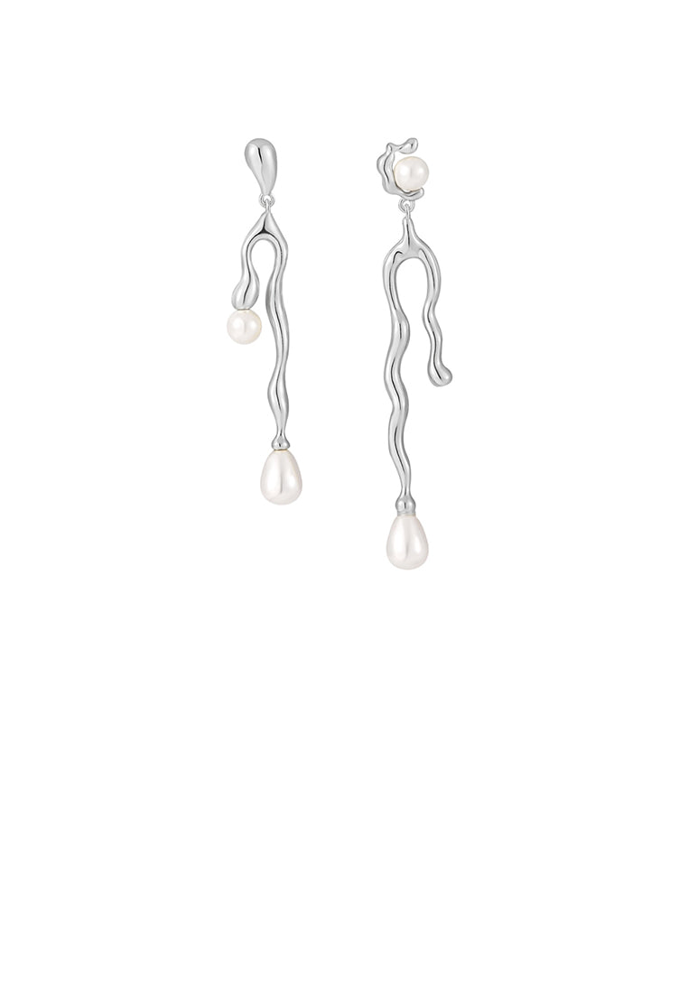 925 Sterling Silver Fashion Personality Irregular Line Geometric Asymmetrical Earrings with Imitation Pearls