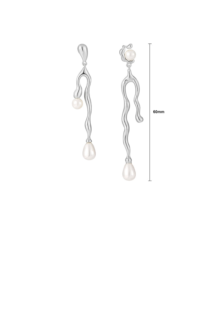 925 Sterling Silver Fashion Personality Irregular Line Geometric Asymmetrical Earrings with Imitation Pearls