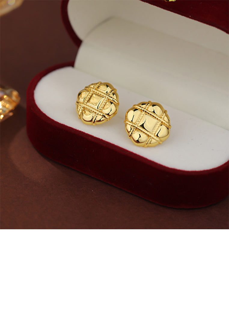 925 Sterling Silver Plated Gold Simple Vintage Diamond Pattern Geometric Stud Earrings