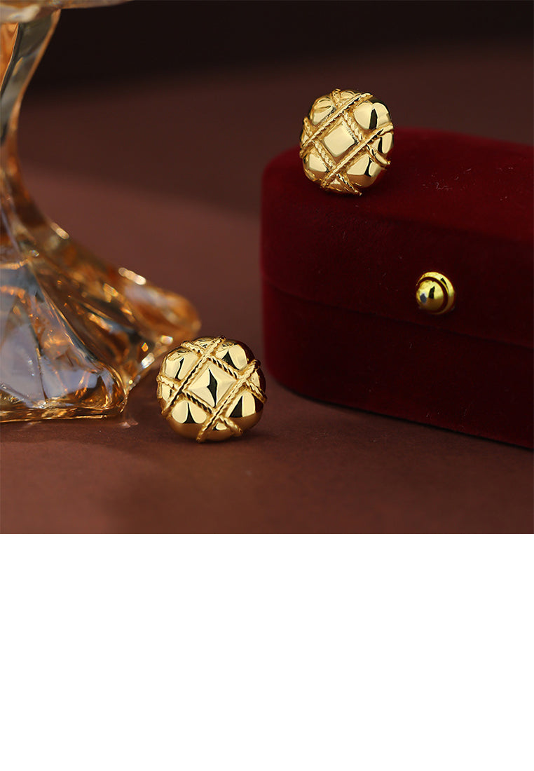 925 Sterling Silver Plated Gold Simple Vintage Diamond Pattern Geometric Stud Earrings