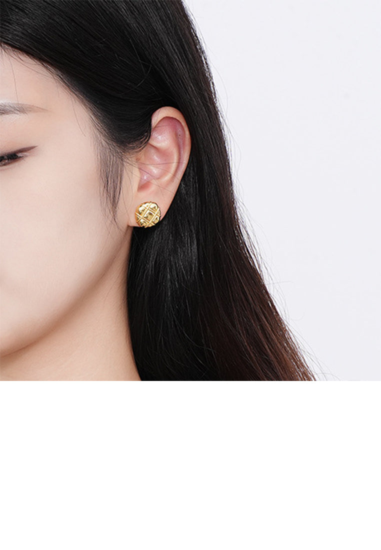 925 Sterling Silver Plated Gold Simple Vintage Diamond Pattern Geometric Stud Earrings