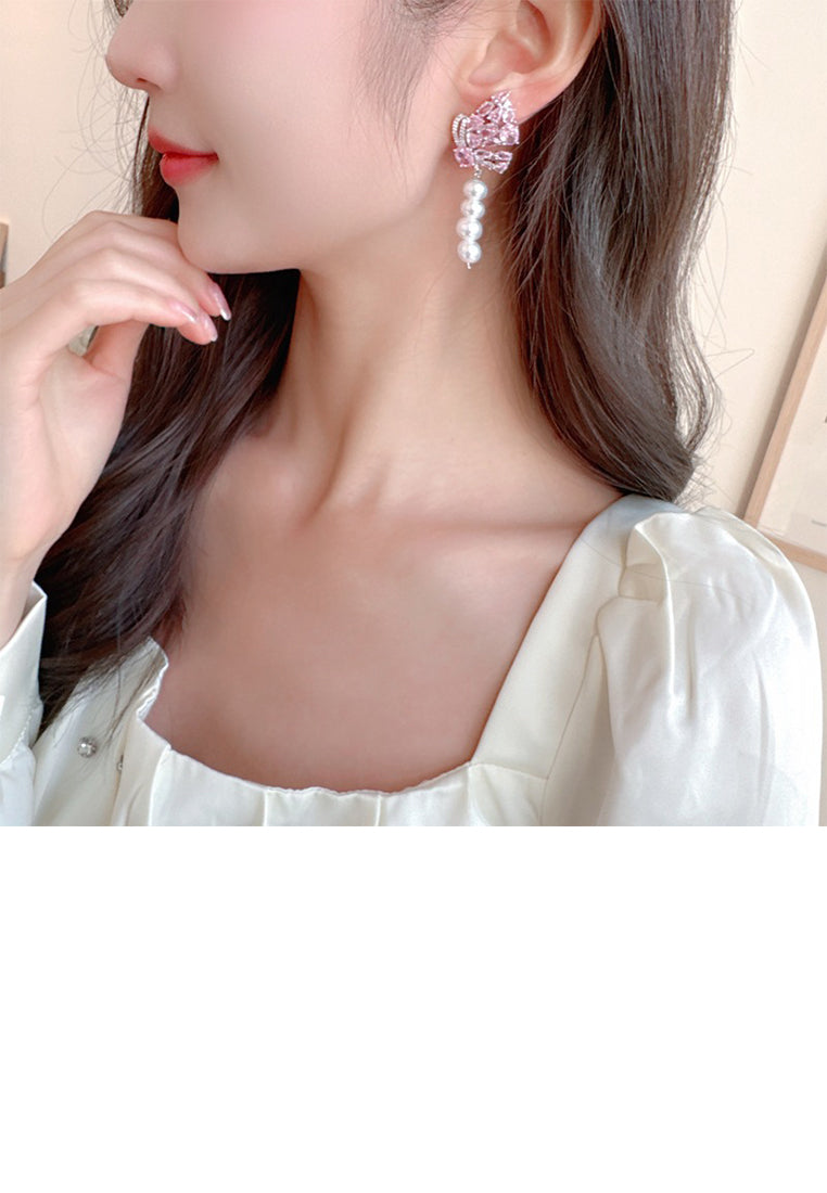 Fashion Brilliant Butterfly Tassel Imitation Pearl Earrings with Cubic Zirconia - Luxurious Look