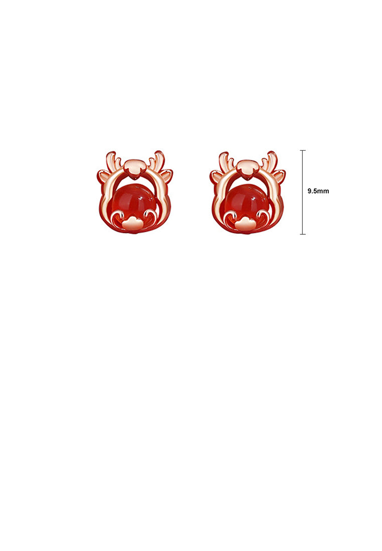 925 Sterling Silver Plated Rose Gold Simple and Cute Zodiac Dragon Imitation Agate Stud Earrings