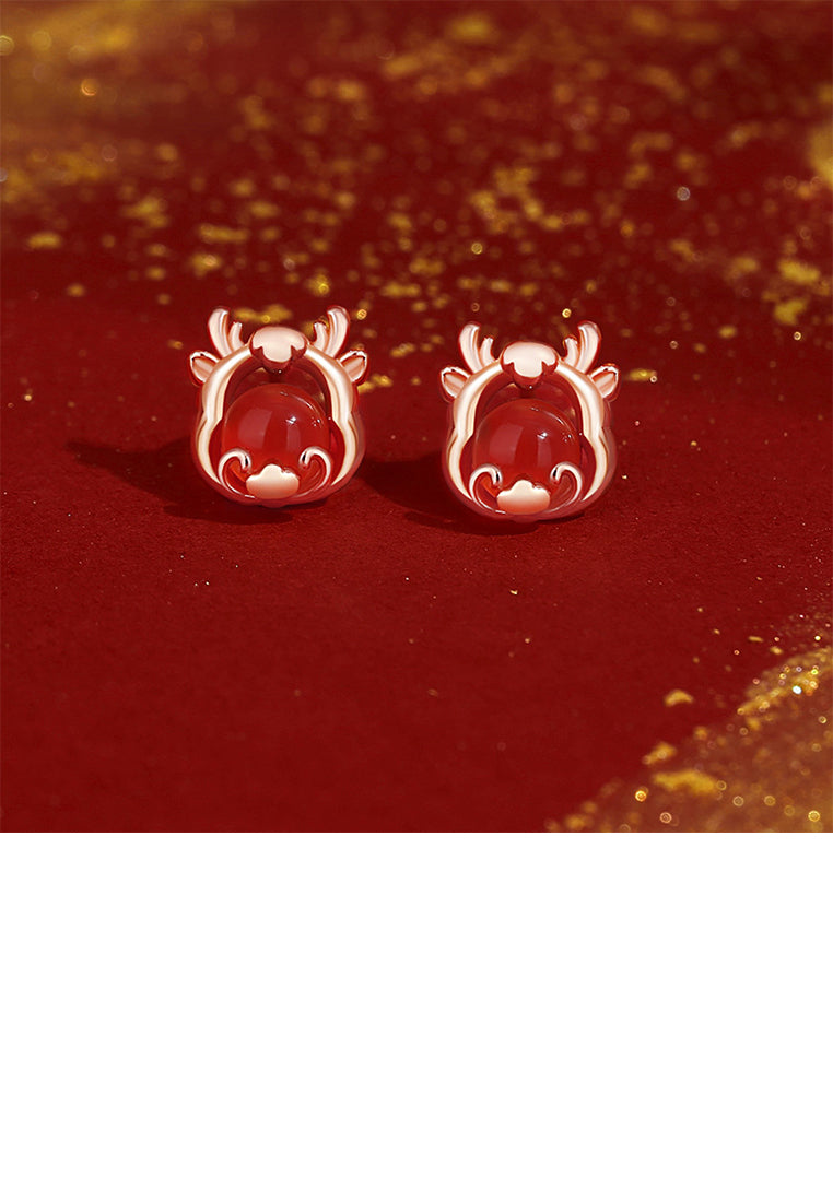 925 Sterling Silver Plated Rose Gold Simple and Cute Zodiac Dragon Imitation Agate Stud Earrings