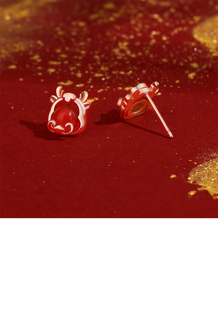 925 Sterling Silver Plated Rose Gold Simple and Cute Zodiac Dragon Imitation Agate Stud Earrings