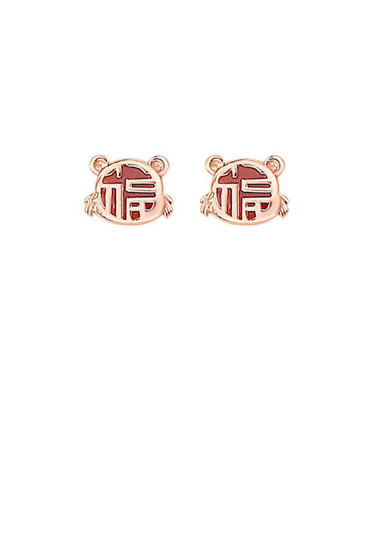 925 Sterling Silver Plated Rose Gold Simple Vintage Zodiac Tiger Imitation Agate Stud Earrings with Blessing Character