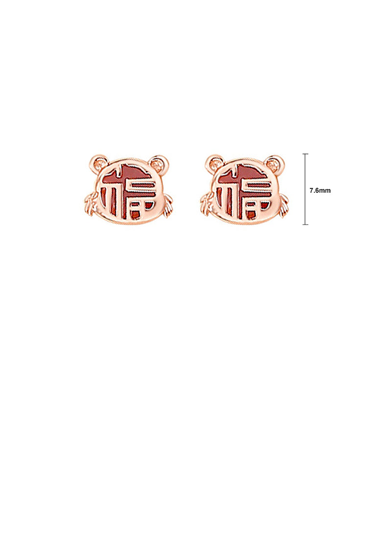 925 Sterling Silver Plated Rose Gold Simple Vintage Zodiac Tiger Imitation Agate Stud Earrings with Blessing Character