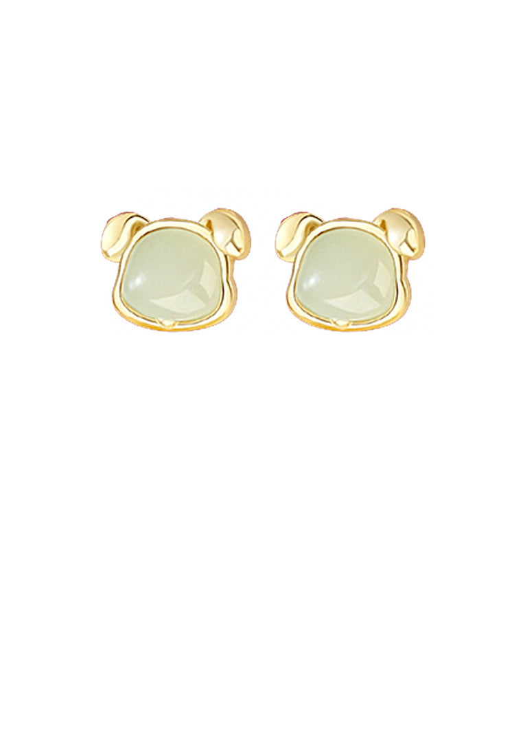 925 Sterling Silver Plated Gold Simple and Elegant Twelve Zodiac Dog Imitation Hetian Jade Stud Earrings