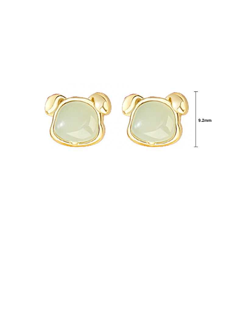 925 Sterling Silver Plated Gold Simple and Elegant Twelve Zodiac Dog Imitation Hetian Jade Stud Earrings