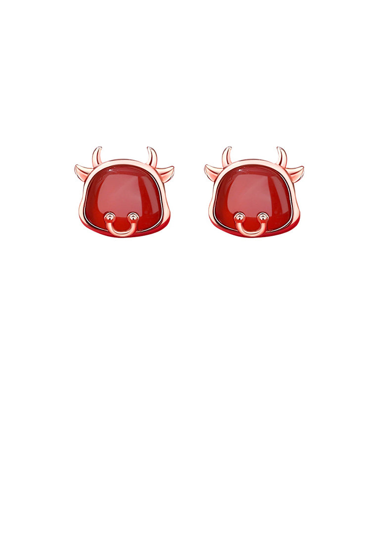 925 Sterling Silver Plated Rose Gold Simple and Cute Twelve Zodiac Ox Imitation Agate Stud Earrings