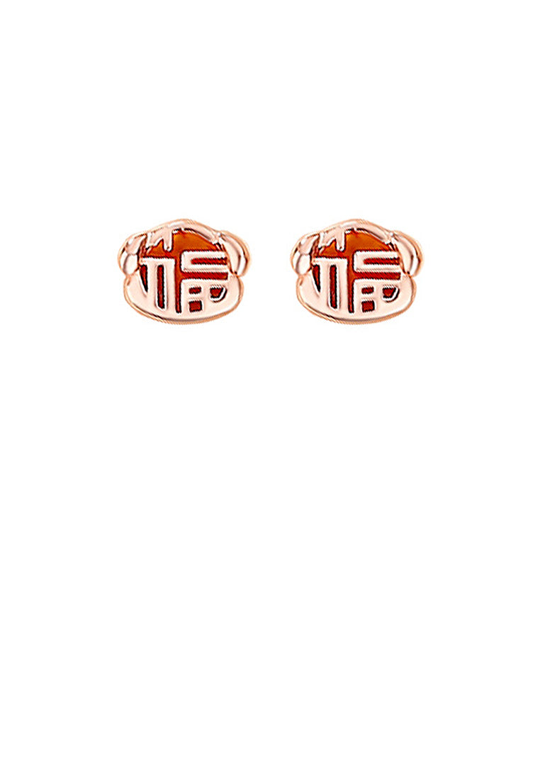 925 Sterling Silver Plated Rose Gold Simple Vintage Zodiac Dog Imitation Agate Stud Earrings with Blessing Character
