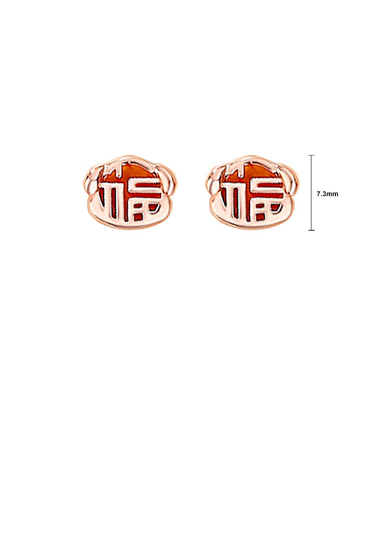 925 Sterling Silver Plated Rose Gold Simple Vintage Zodiac Dog Imitation Agate Stud Earrings with Blessing Character