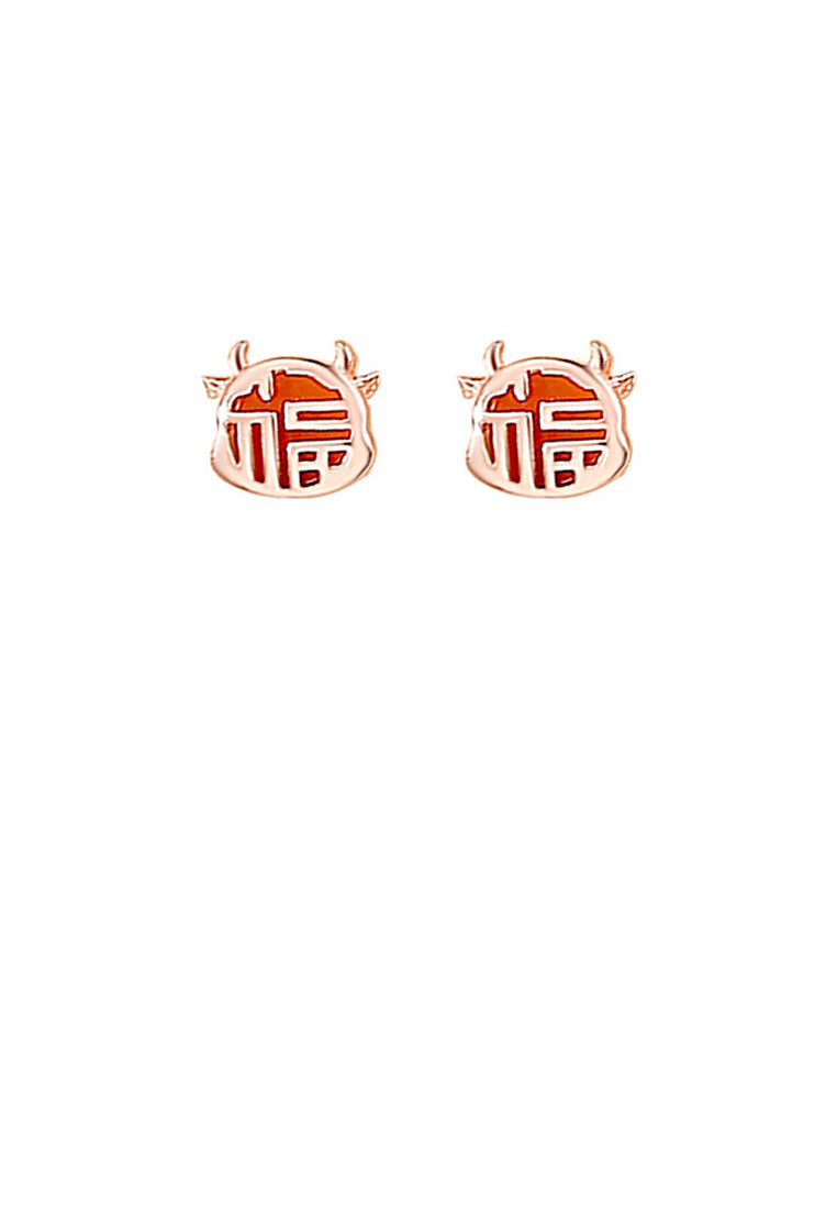 925 Sterling Silver Plated Rose Gold Simple Vintage Zodiac Ox Imitation Agate Stud Earrings with Blessing Character