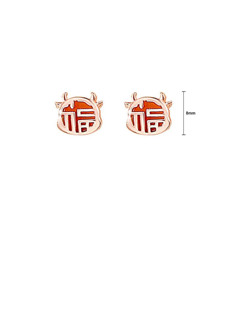 925 Sterling Silver Plated Rose Gold Simple Vintage Zodiac Ox Imitation Agate Stud Earrings with Blessing Character