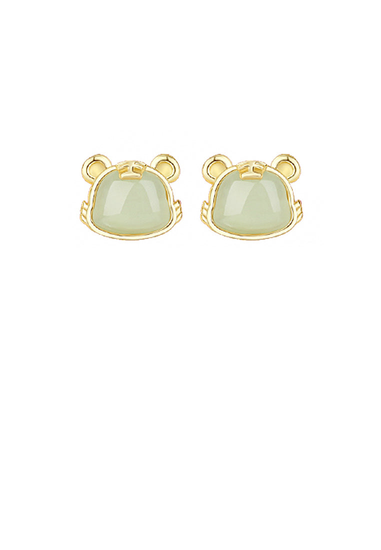 925 Sterling Silver Plated Gold Simple and Elegant Twelve Zodiac Tiger Imitation Hetian Jade Stud Earrings