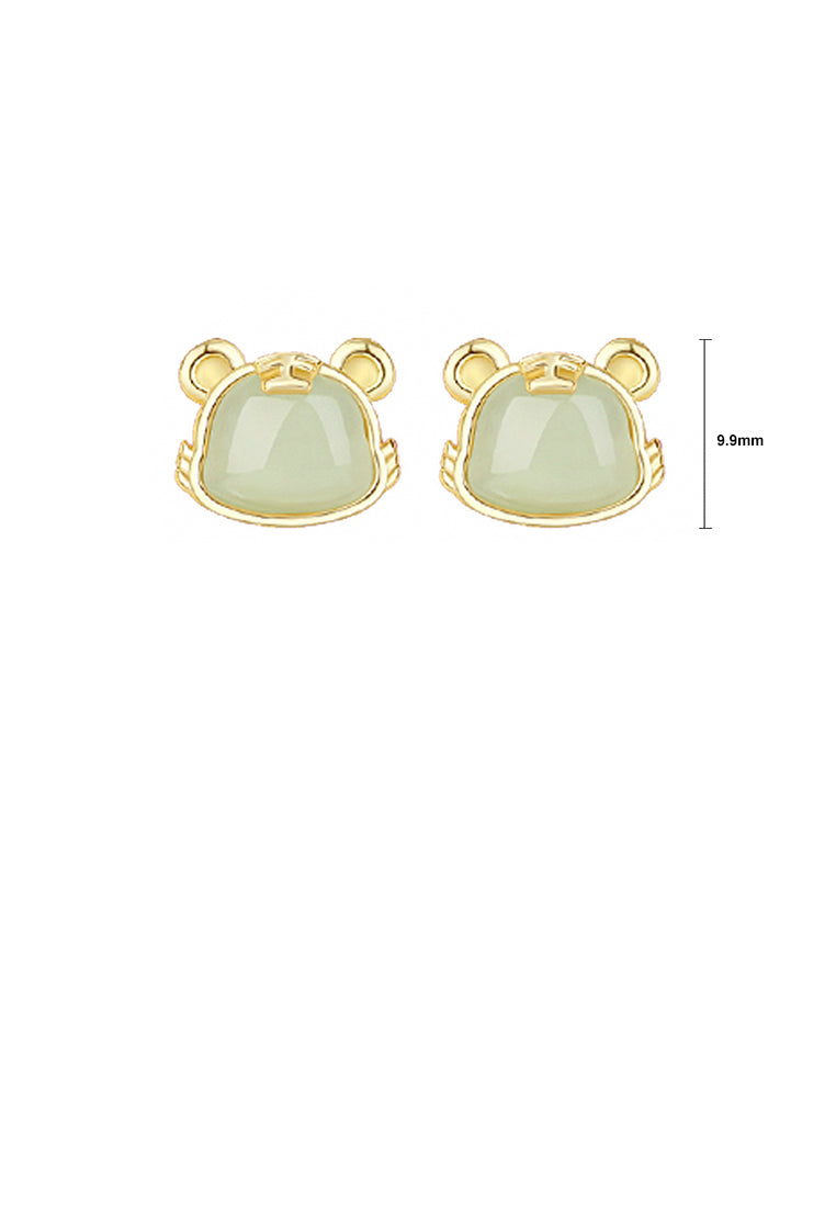 925 Sterling Silver Plated Gold Simple and Elegant Twelve Zodiac Tiger Imitation Hetian Jade Stud Earrings