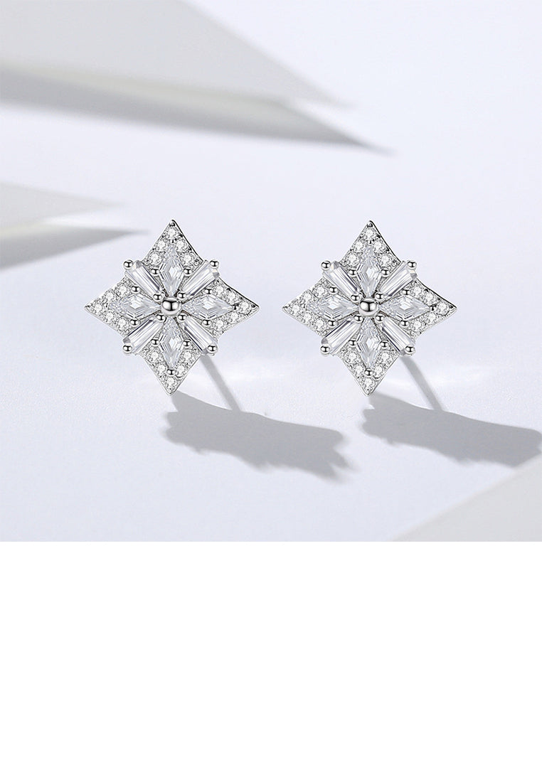 925 Sterling Silver Simple Brilliant Four-pointed Star Geometric Stud Earrings with Cubic Zirconia - Luxurious Look