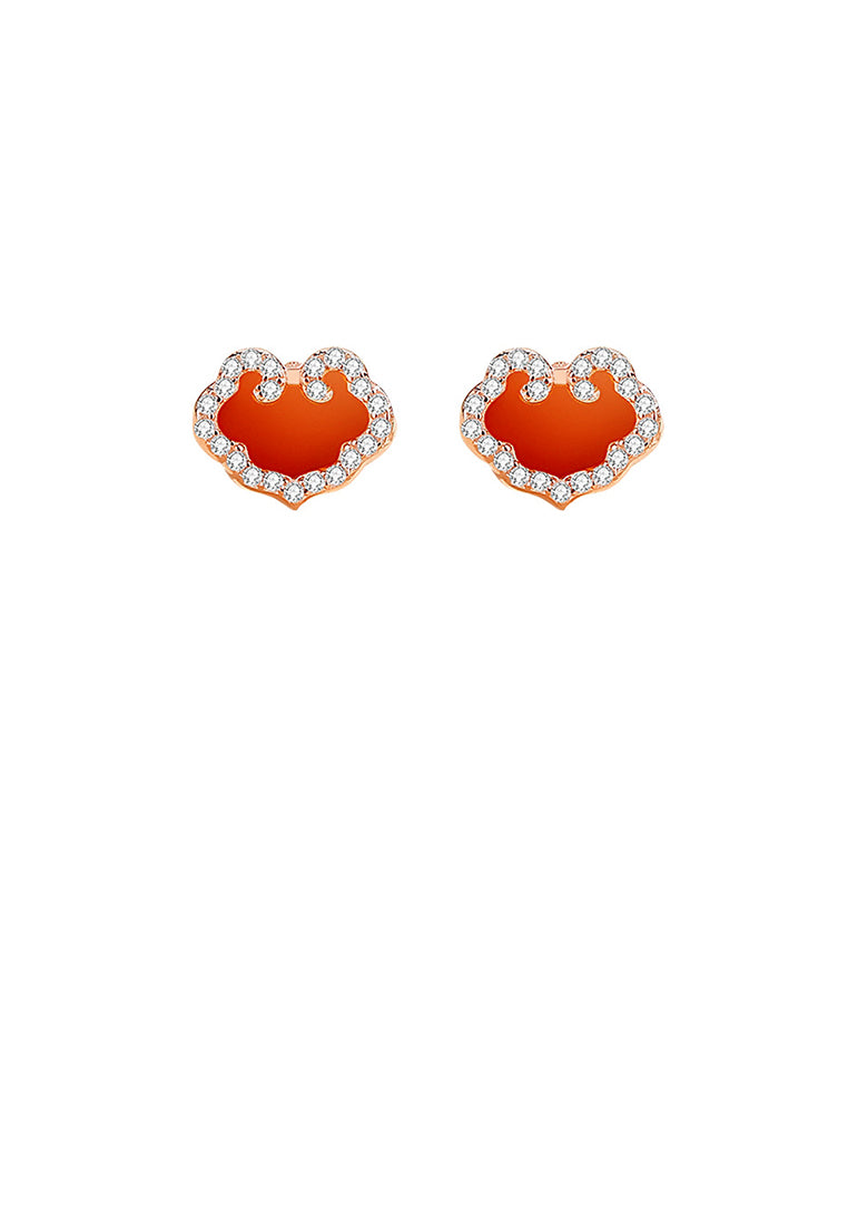 925 Sterling Silver Plated Rose Gold Simple Vintage Ruyi Lock Imitation Agate Stud Earrings with Cubic Zirconia - Luxurious Look