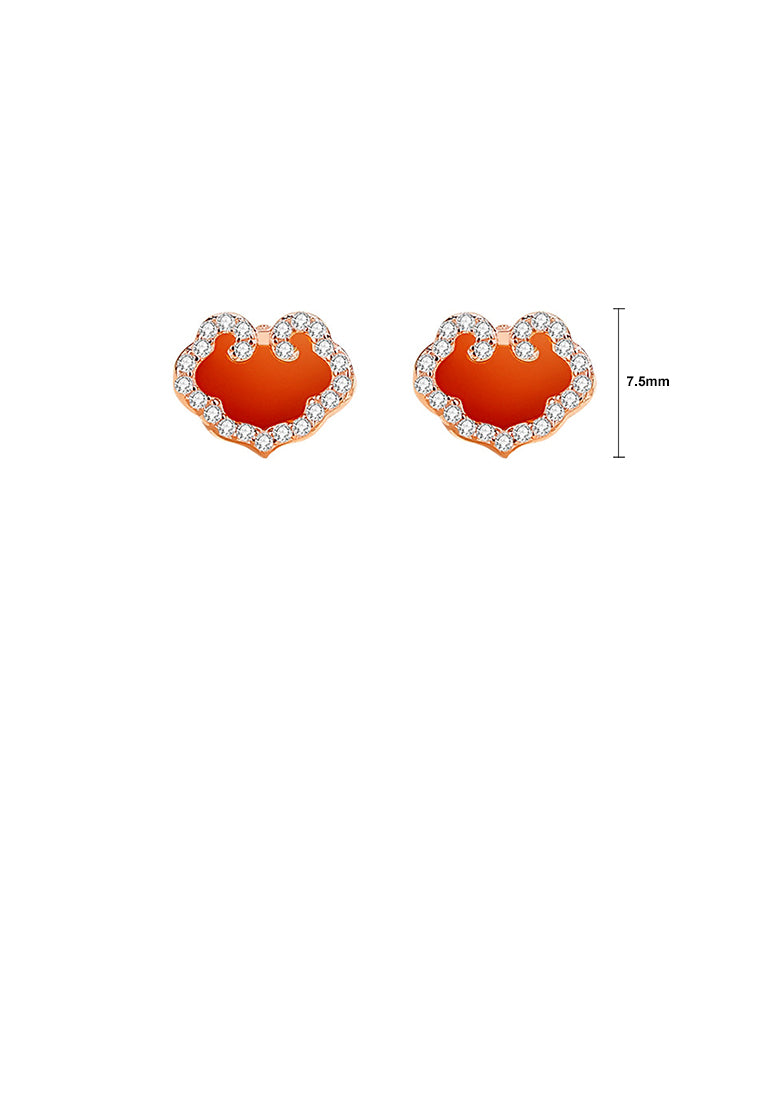 925 Sterling Silver Plated Rose Gold Simple Vintage Ruyi Lock Imitation Agate Stud Earrings with Cubic Zirconia - Luxurious Look