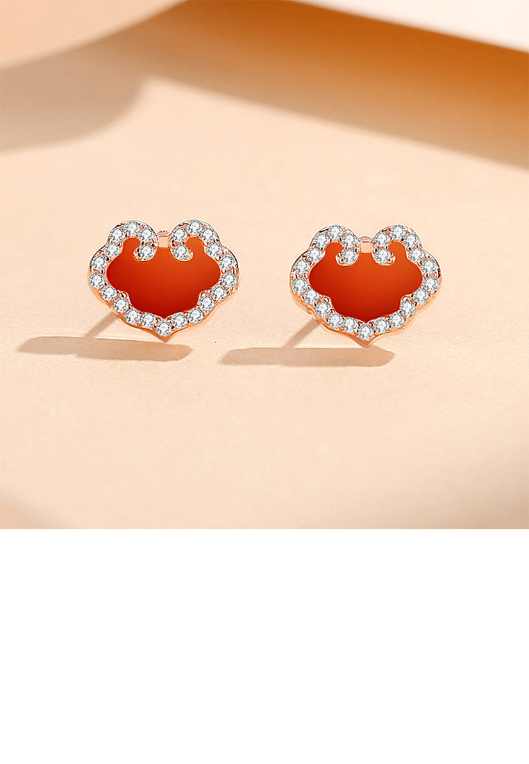 925 Sterling Silver Plated Rose Gold Simple Vintage Ruyi Lock Imitation Agate Stud Earrings with Cubic Zirconia - Luxurious Look