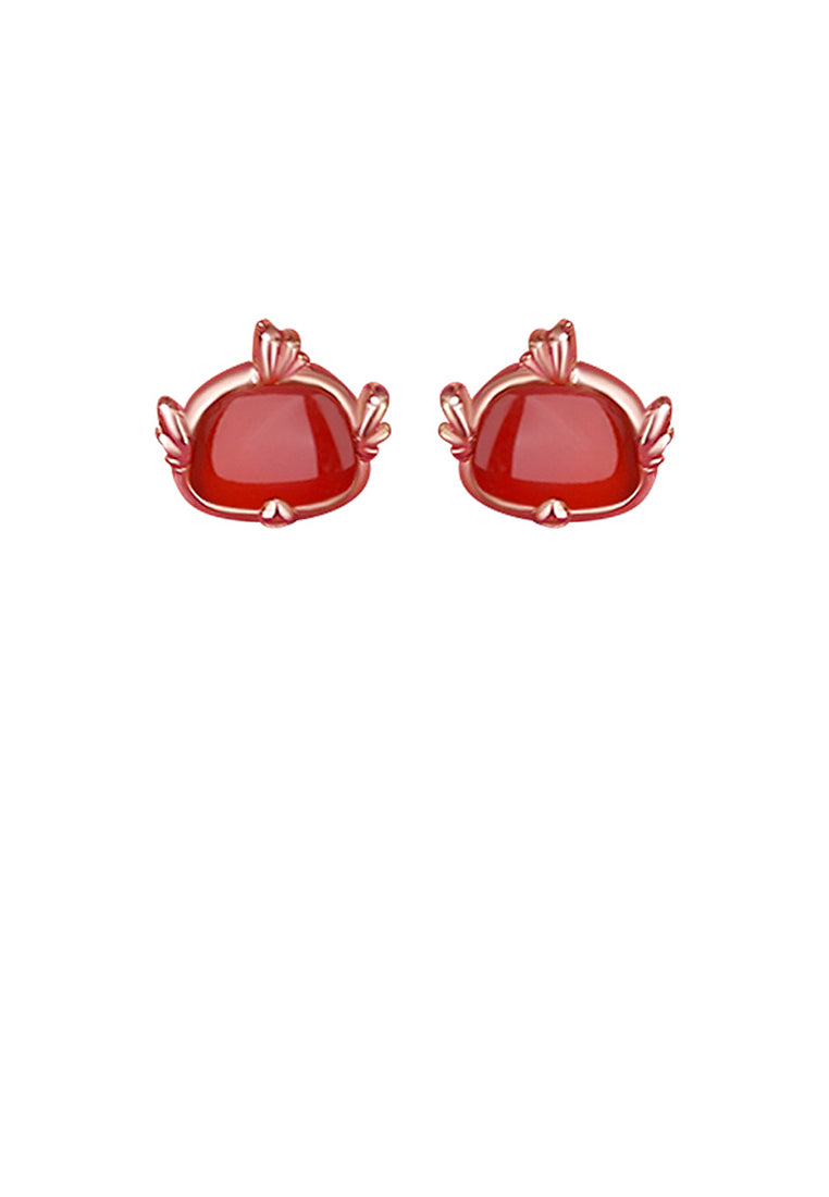 925 Sterling Silver Plated Rose Gold Simple and Cute Twelve Zodiac Cock Imitation Agate Stud Earrings