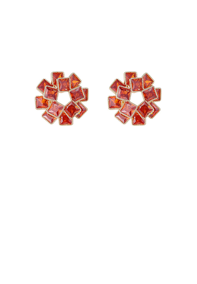 Fashion Brilliant Plated Gold Hollow Geometric Square Stud Earrings with Red Cubic Zirconia - Luxurious Look - Vibrant Color