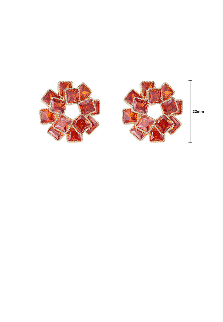 Fashion Brilliant Plated Gold Hollow Geometric Square Stud Earrings with Red Cubic Zirconia - Luxurious Look - Vibrant Color