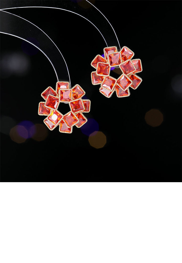 Fashion Brilliant Plated Gold Hollow Geometric Square Stud Earrings with Red Cubic Zirconia - Luxurious Look - Vibrant Color