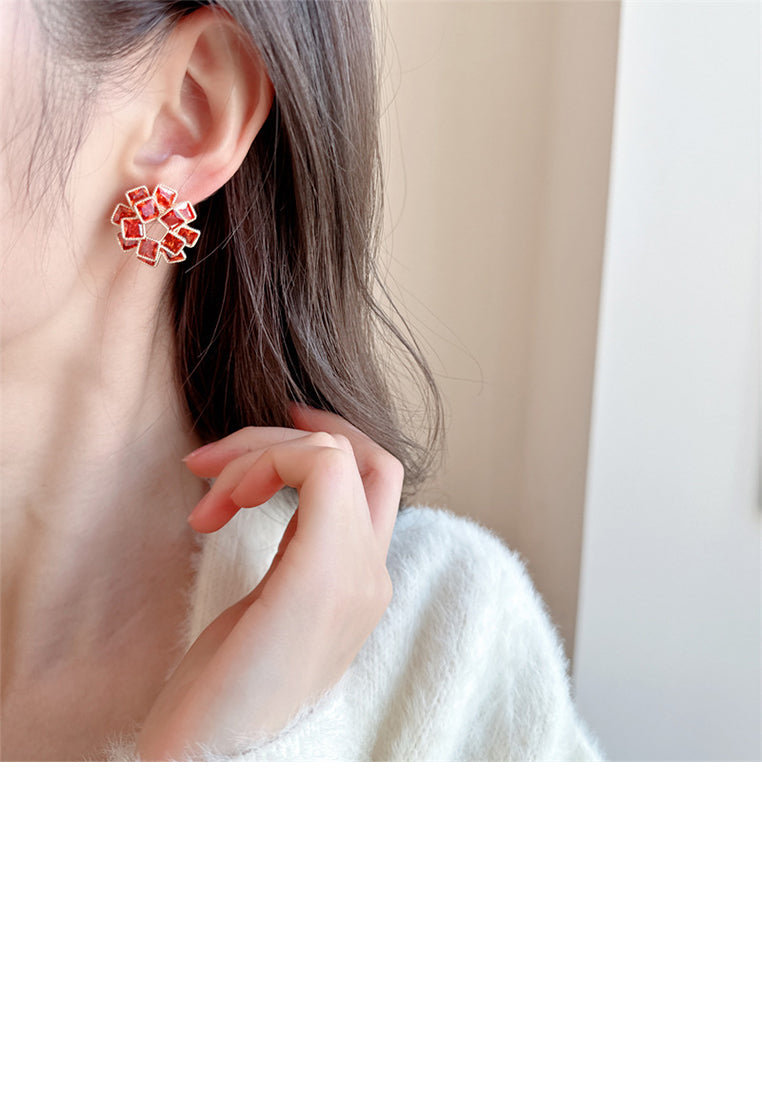 Fashion Brilliant Plated Gold Hollow Geometric Square Stud Earrings with Red Cubic Zirconia - Luxurious Look - Vibrant Color