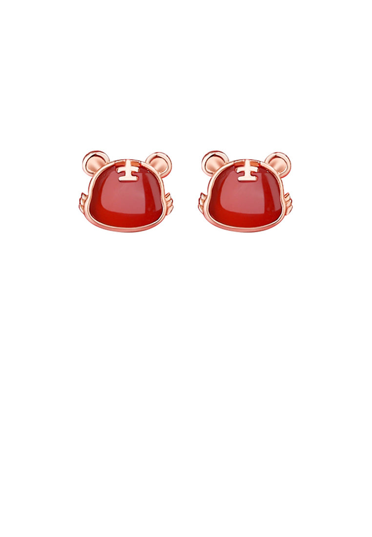 925 Sterling Silver Plated Rose Gold Simple and Cute Twelve Zodiac Tiger Imitation Agate Stud Earrings