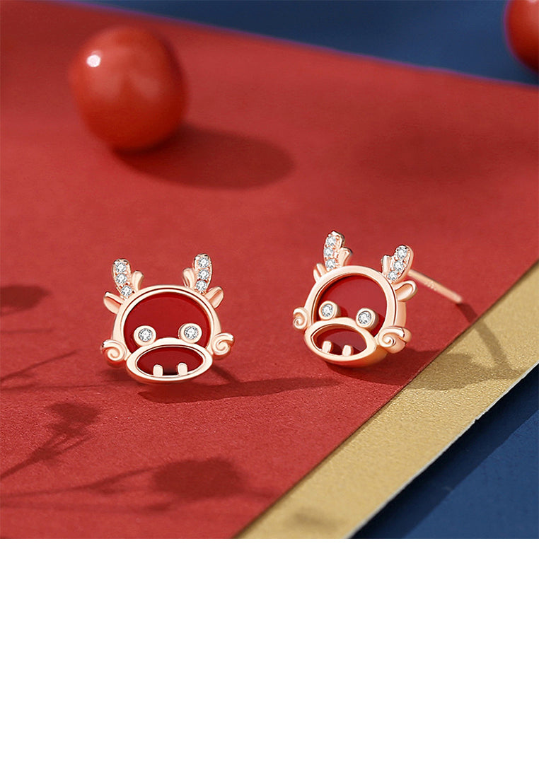 925 Sterling Silver Plated Rose Gold Vintage Cute Zodiac Dragon Imitation Agate Stud Earrings with Cubic Zirconia - Luxurious Look