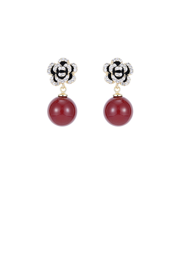 Fashion and Elegant Plated Gold Floral Red Imitation Pearl Earrings with Cubic Zirconia - Luxurious Look - Vibrant Color