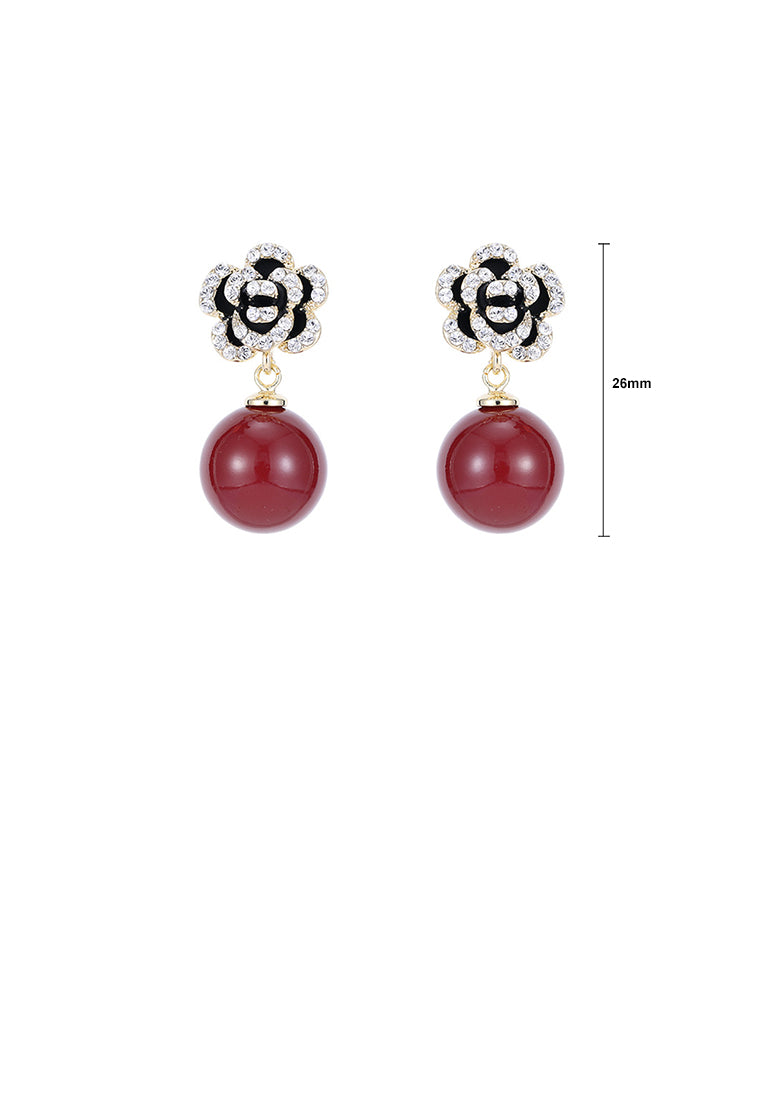 Fashion and Elegant Plated Gold Floral Red Imitation Pearl Earrings with Cubic Zirconia - Luxurious Look - Vibrant Color