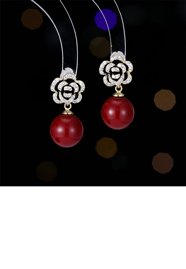 Fashion and Elegant Plated Gold Floral Red Imitation Pearl Earrings with Cubic Zirconia - Luxurious Look - Vibrant Color