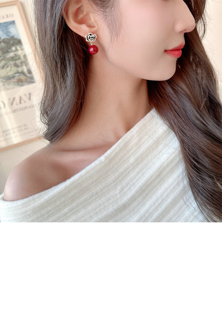 Fashion and Elegant Plated Gold Floral Red Imitation Pearl Earrings with Cubic Zirconia - Luxurious Look - Vibrant Color