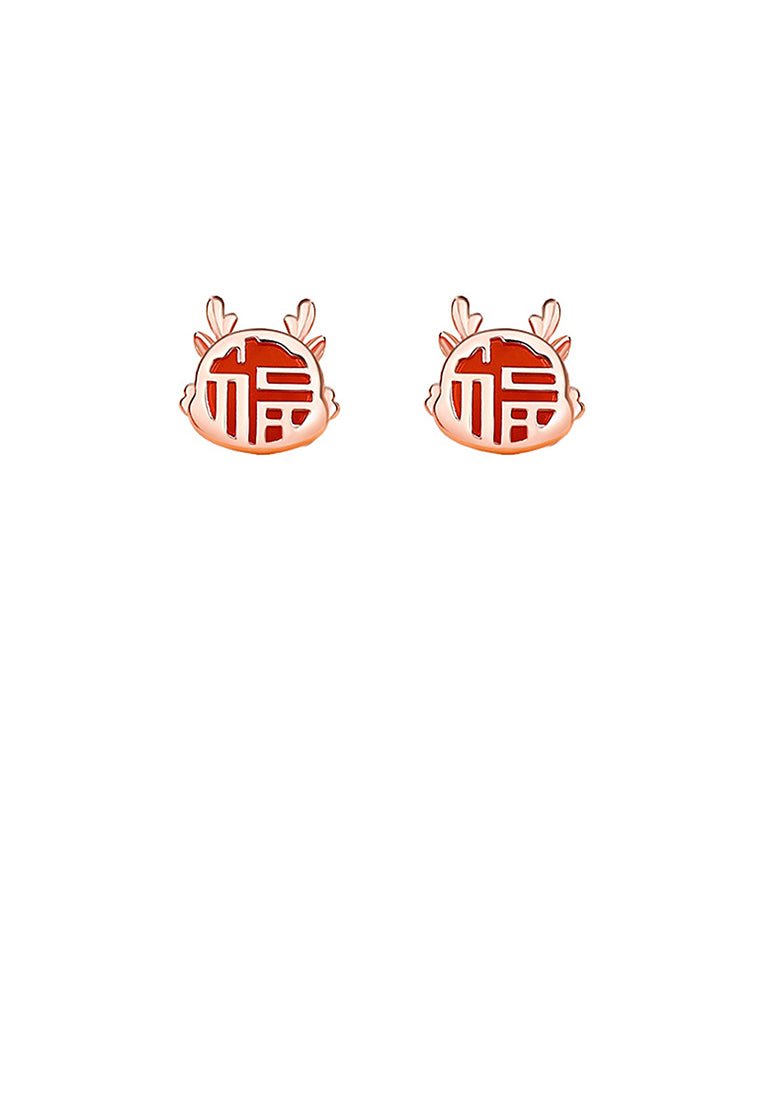 925 Sterling Silver Plated Rose Gold Simple Vintage Zodiac Dragon Imitation Agate Stud Earrings with Blessing Character