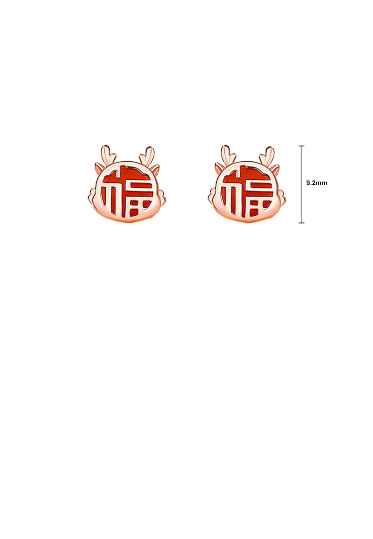 925 Sterling Silver Plated Rose Gold Simple Vintage Zodiac Dragon Imitation Agate Stud Earrings with Blessing Character