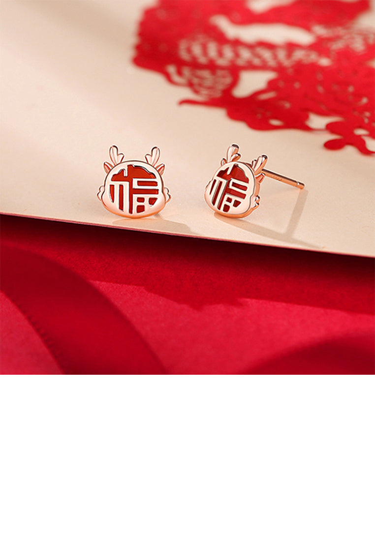 925 Sterling Silver Plated Rose Gold Simple Vintage Zodiac Dragon Imitation Agate Stud Earrings with Blessing Character