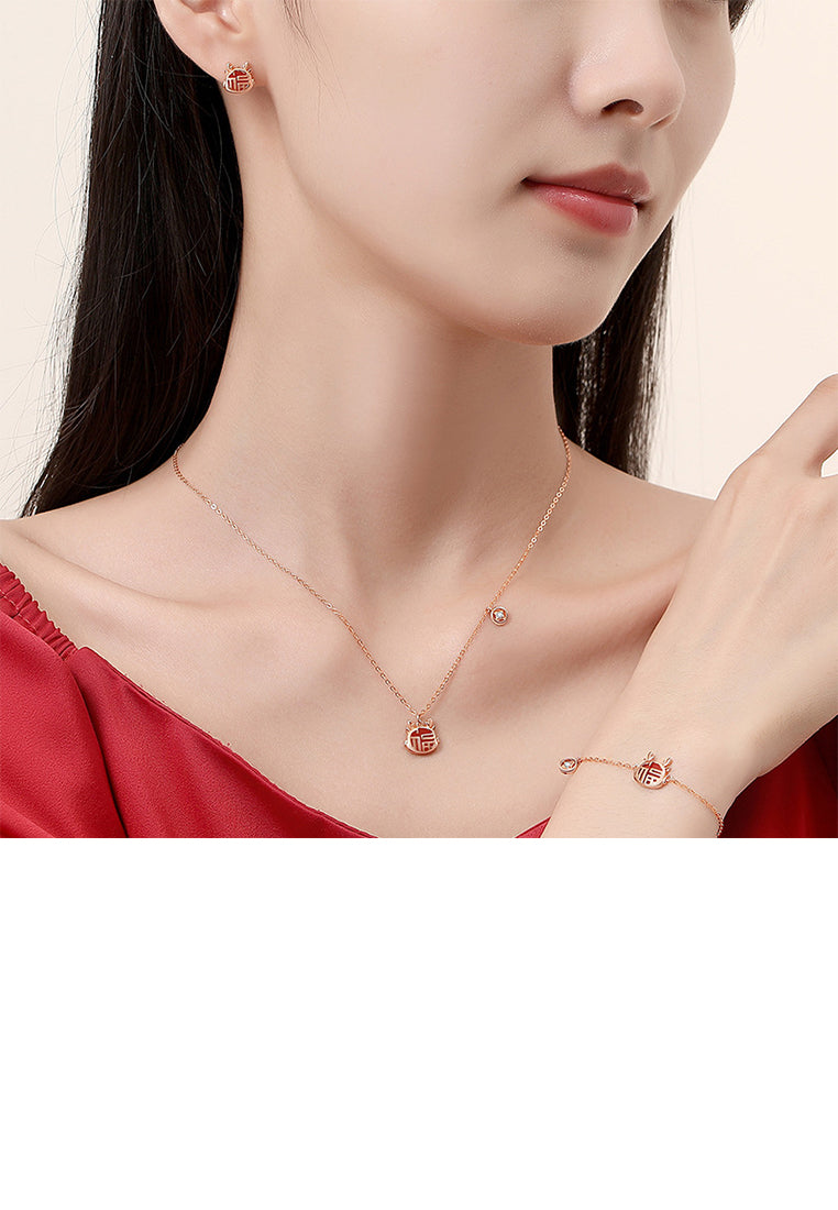 925 Sterling Silver Plated Rose Gold Simple Vintage Zodiac Dragon Imitation Agate Stud Earrings with Blessing Character