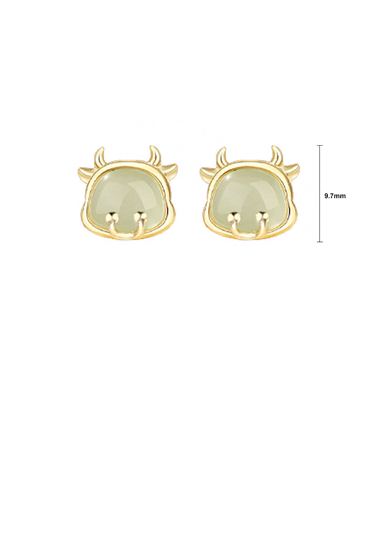 925 Sterling Silver Plated Gold Simple and Elegant Twelve Zodiac Ox Imitation Hetian Jade Stud Earrings