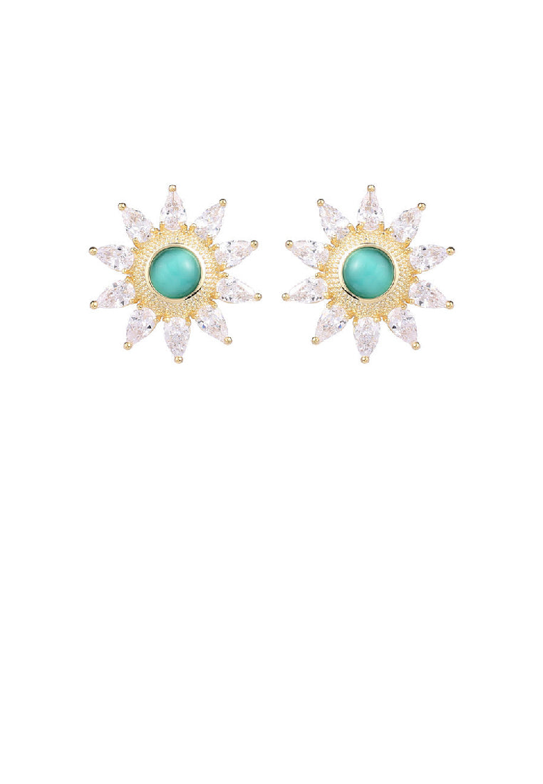 Fashion Temperament Plated Gold Sunflower Green Imitation Opal Stud Earrings with Cubic Zirconia - Luxurious Look