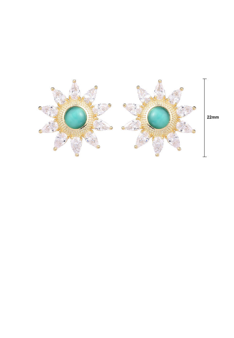 Fashion Temperament Plated Gold Sunflower Green Imitation Opal Stud Earrings with Cubic Zirconia - Luxurious Look