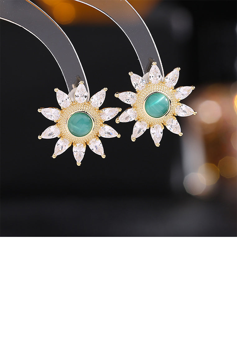 Fashion Temperament Plated Gold Sunflower Green Imitation Opal Stud Earrings with Cubic Zirconia - Luxurious Look