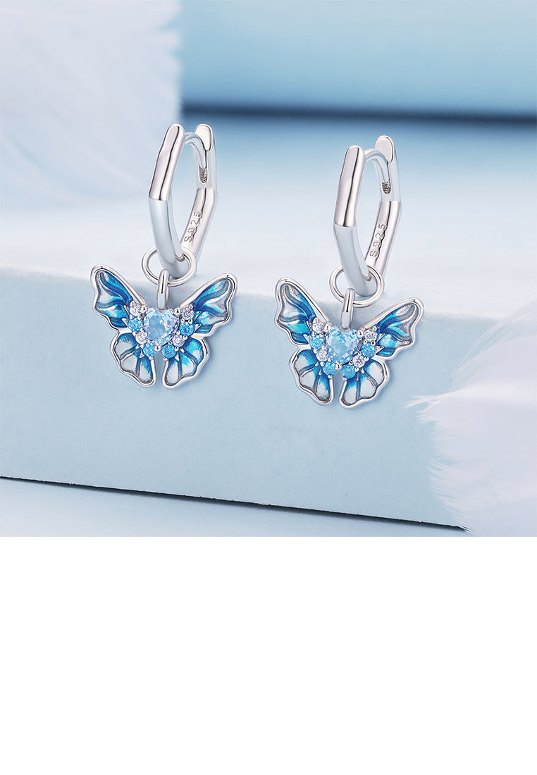 925 Sterling Silver Fashion Elegant Enamel Blue Butterfly Earrings with Cubic Zirconia - Luxurious Look