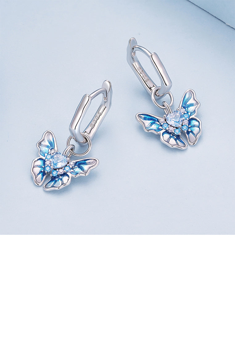925 Sterling Silver Fashion Elegant Enamel Blue Butterfly Earrings with Cubic Zirconia - Luxurious Look
