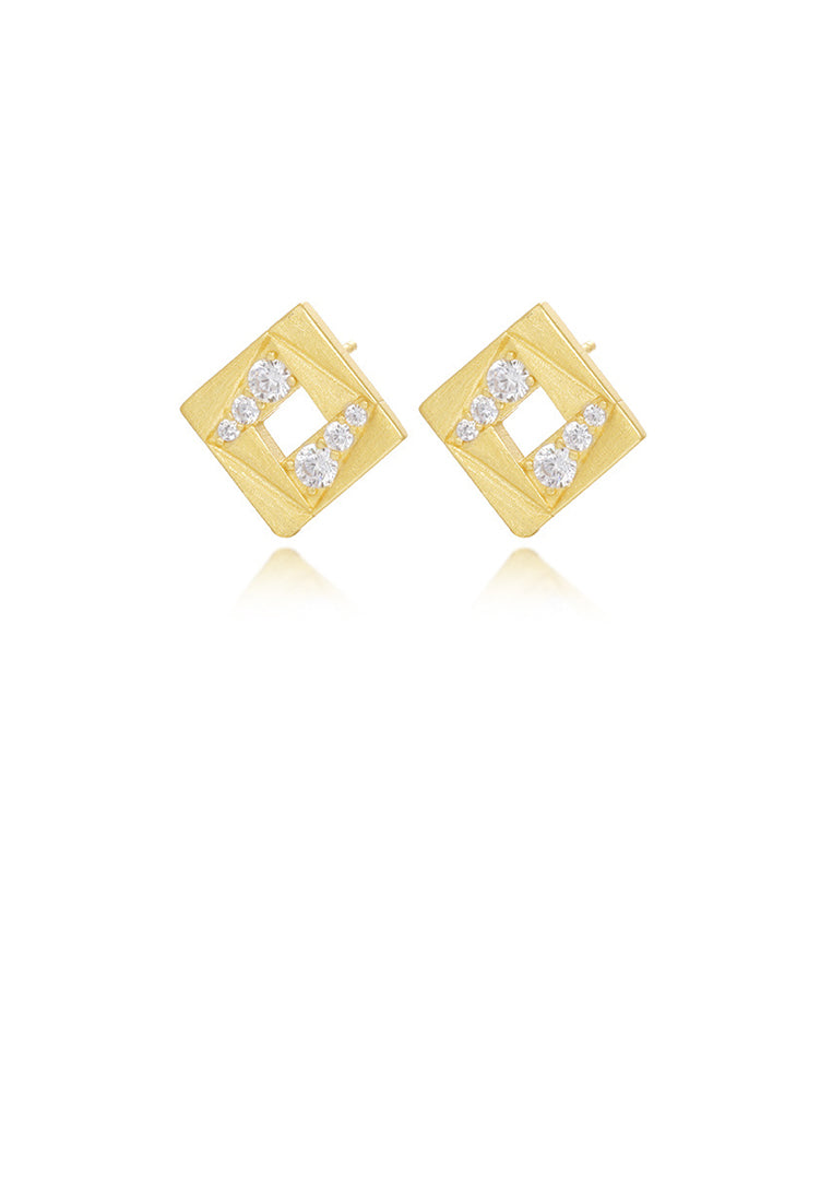 925 Sterling Silver Plated Gold Simple Personalized Brushed Hollow Geometric Stud Earrings with Cubic Zirconia - Luxurious Look