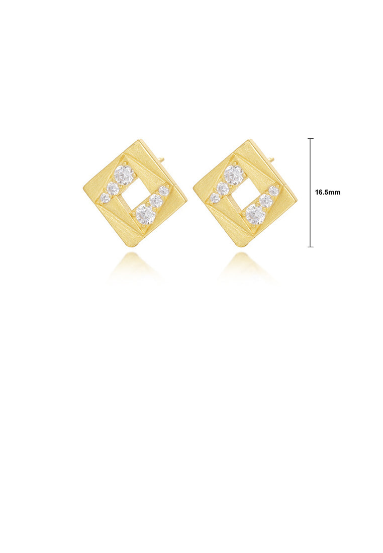 925 Sterling Silver Plated Gold Simple Personalized Brushed Hollow Geometric Stud Earrings with Cubic Zirconia - Luxurious Look