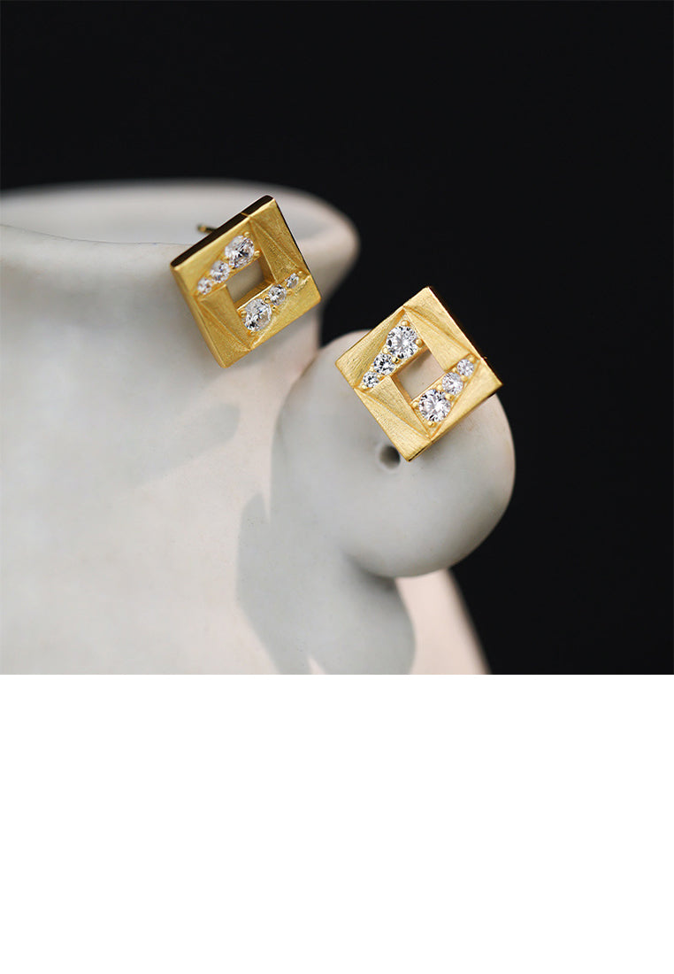925 Sterling Silver Plated Gold Simple Personalized Brushed Hollow Geometric Stud Earrings with Cubic Zirconia - Luxurious Look